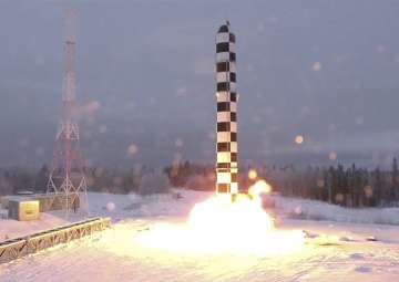 In this video grab provided by RU-RTR Russian television via AP television on Thursday, March 1, 2018, Russia's new Sarmat intercontinental ballistic missile blasts off during a test launch from an undisclosed location in Russia. 
