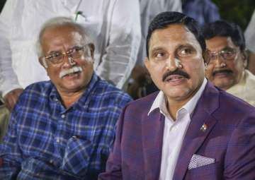 TDP leaders Y S Chowdary and Ashok Gajapathi Raju address a press at the former's residence in New Delhi on Thursday. The TDP ministers on Thursday resigned from the Modi Cabinet.