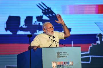 PM Modi speaking during the inaugural event of DefExpo 2018.??