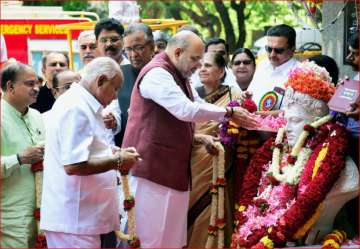 Amit Shah offers tribute to Lord Basaveshwara on the occasion of Basava Jayanti in Bengaluru on Wednesday.