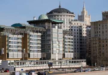  
The British Embassy building, foreground, with the Russian Foreign Ministry building, background right, in Moscow, Russia,