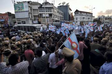 Tamil outfit members staged a protest at out side of Chepauk stadium over Cauvery dispute on Tuesday.