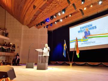 PM Modi addresses Indian community in his final programme in Sweden before departing for London.