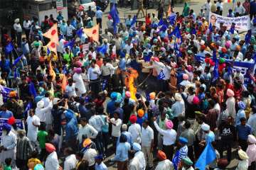 Members of Dalit community stage a protest during 'Bharat Bandh' call by Dalit organisations against the alleged dilution of Scheduled Castes / Scheduled Tribes Act, in Patiala on Monday. 