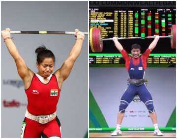Sanjita Chanu and Deepak Lather performing their lifts on day 2 of 2018 Commonwealth Games