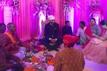 Tej Pratap Yadav during his engagement with Aishwarya Rai, daughter of RJD leader Chandrika Rai, in Patna.