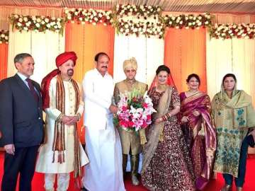 Vice President Venkaiah Naidu attends wedding reception of 2015 IAS toppers Tina Dabi and Athar Shafi in Delhi