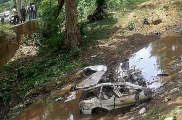 Mangled remains of the police vehicle which was blown up by Naxals