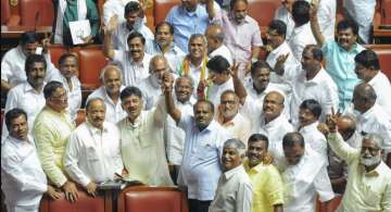 Bengaluru: JD(S) leader HD Kumaraswamy and party MLAs show victory sign to celebrate after chief min