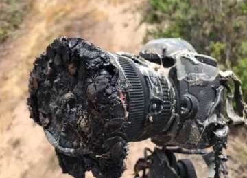 Melted Canon camera after it was destroyed by a brush fire sparked by SpaceX Falcon 9 rocket launch