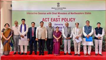 Union External Affairs Minister Sushma Swaraj along with Union Minister of State for Development of North Eastern Region (DoNER) Dr. Jitendra Singh pose for a photo with the Chief Minister of Northeastern States after an interactive session with them on 'Act East Policy' in New Delhi on Friday.