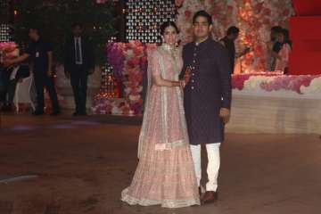 Akash Ambani with his fiance Shloka Mehta during their pre-engagement party in Mumbai on June 28, 20