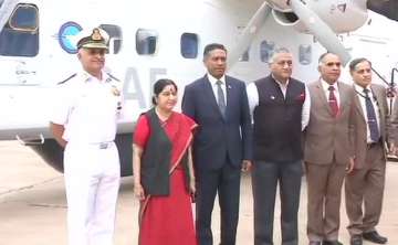 Sushma Swaraj hands over a Dornier aircraft to Seychelles President Danny Faure