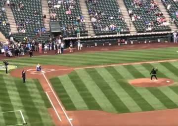 Rohit Sharma throws ceremonial 'first pitch'