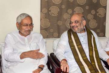 Bihar Chief Minister Nitish Kumar and Bharatiya Janata Party (BJP) President Amit Shah at a breakfast-meeting at the state guest house, in Patna on Thursday.