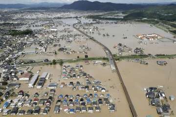 Houses submerged in water following heavy rainfall in Japan