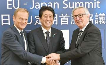  
European Council President Donald Tusk, Japanese Prime Minister Shinzo Abe and European commission President Jean Claude Junker 