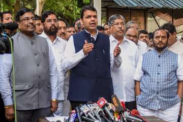 Maharashtra Chief Minister Devendra Fadnavis along with party leaders interact with the media after an all-party meeting to discuss the Maratha reservation issue.