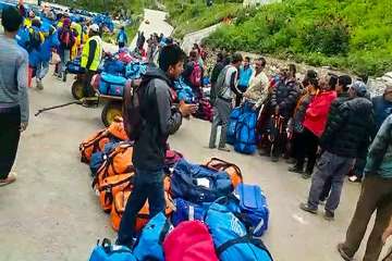 ?
Indian pilgrims being evacuated from Simikot to Surkhet and Nepalganj, as authorities stepped up efforts to rescue those stranded there due to heavy rain while returning from the Kailash Mansarovar pilgrimage in Tibet in Simikot on Thursday.