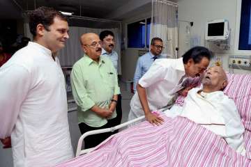  
Congress President Rahul Gandhi visits the ailing DMK president M Karunanidhi, who continues to remain in the intensive care for the fourth consecutive day, at the Kauvery Hospital in Chennai on Tuesday.