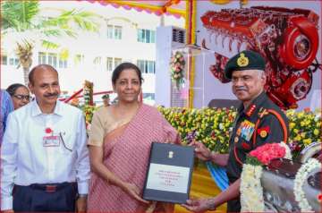 Defence Minister Nirmala Sitharaman hands over two types of indigenously built high-power multi-fuel to the Indian Army, in Chennai on Saturday.