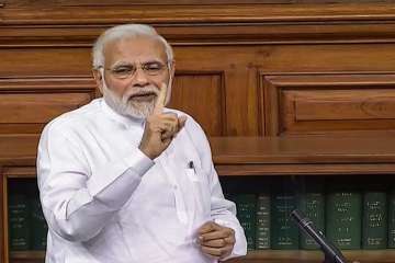 Prime Minister Narendra Modi speaks in the Lok Sabha on 'no-confidence motion' during the Monsoon Session of Parliament.