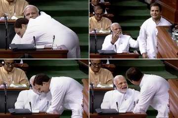 In this combo of four photos is seen Congress President Rahul Gandhi as he hugs Prime Minister Narendra Modi after his speech in the Lok Sabha on 'no-confidence motion' during the Monsoon Session of Parliament, in New Delhi on Friday.
 