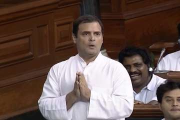 ?
Congress President Rahul Gandhi speaks in the Lok Sabha on 'no-confidence motion' during the Monsoon Session of Parliament.