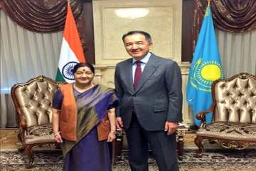 Sushma Swaraj with Kazhakstan Prime Minister Bakytzhan Sagintayev.