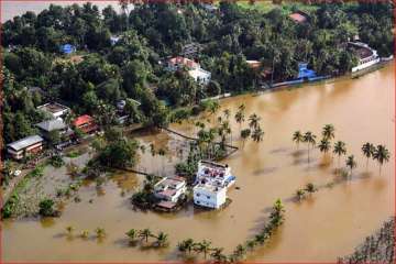 An aeriel view of the flooded locality of Aluva after heavy rains in Kerala on Friday