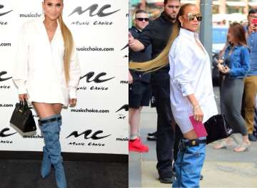 Jennifer Lopez wearing Versace denim boots