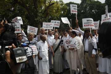 Congerss protest at Gandhi statue in Parliament