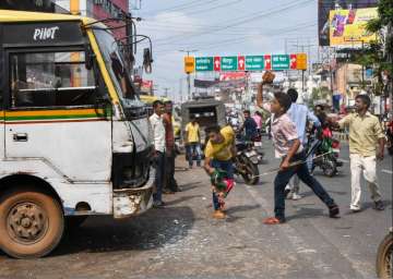 Patna: Jan Adhikar Party supporters vandalise vehicles during 'Bharat Bandh' protest against fuel price hike and depreciation of the rupee