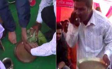 BJP worker washes MP Nishikant Dubey's feet, drinks dirty water
