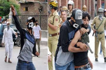 An undercover cop (left) hurling stones at police and the same policeman arresting a stone pelter (right), in Srinagar on Friday.