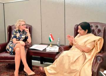 EAM Sushma Swaraj and Foreign Minister of Liechtenstein Aurelia Frick on the sidelines of UNGA in New York