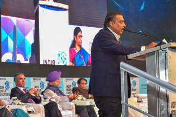 Reliance Industries Ltd. Chairman Mukesh Ambani speaks during the Indian Mobile Congress 2018 at Aerocity, in New Delhi.