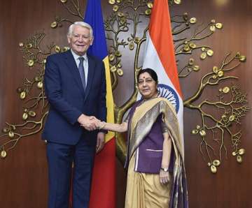 Romanian Foreign Minister Teodor Melescanu meets EAM Sushma Swaraj