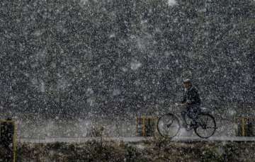 Srinagar: A man rides a bicycle during season's first snowfall on Nov 3