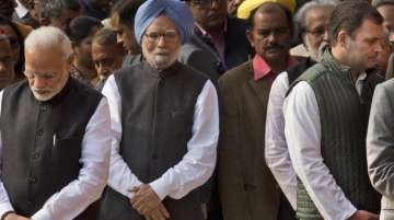PM Narendra Modi, Manmohan Singh and Rahul Gandhi at?as they pay tributes to the victims of the 2001 Parliament Attack