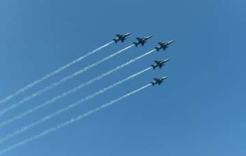 New Delhi: IAF's five Jaguar planes fly-past in Arrow Head Formation representing deep penetration s