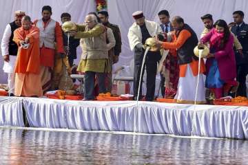 President Ram Nath Kovind, Uttar Pradesh Governor Ram Naik, Chief Minister Yogi Adityanath and other ministers perform 'Ganga Pujan' at Sangam during Kumbh Mela 2019, in Allahabad(Prayagraj).