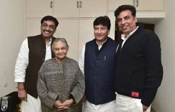 Former chief minister and newly-appointed Delhi Pradesh Congress Committee President Sheila Dikshit with working presidents Haroon Yusuf, Devender Yadav and Rajesh Lilothia in New Delhi