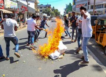 BJP workers burn an effigy of Kerala Chief Minister Pinarayi Vijayan during a protest over the Sabarimala issue