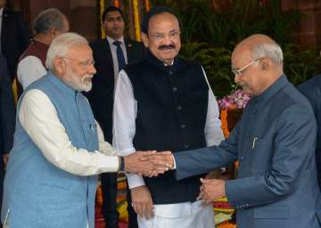 President Ram Nath Kovind being greeted by Prime Minister Narendra Modi at the joint session of Parliament