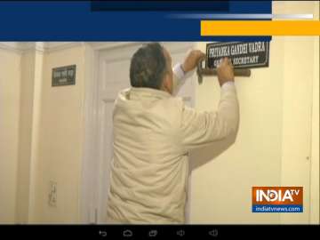 Priyanka Gandhi's name plate being put up outside her room at Congress headquarters