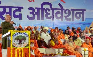RSS Chief Mohan Bhagwat addresses the gathering at 'Dharma Sansad', called by Vishwa Hindu Parishad during Kumbh Mela 2019, in Allahabad
