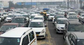 A view of traffic chaos at DND flyover due to a shutdown of key roads connecting the national capital in view of a farmers' protest, in Noida