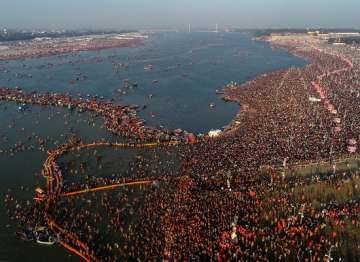 An aerial shot shows a sea of devotees gathered at Sangam to take a holy dip on the occasion of Basant Panchami festival during the Kumbh Mela 2019, in Prayagraj