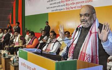 BJP President Amit Shah addresses the foundation stone laying ceremony of Assam state BJP office, in Guwahati